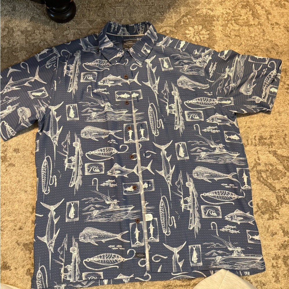 Quiksilver Blue and White Casual Button Down Shirt Nautical Print